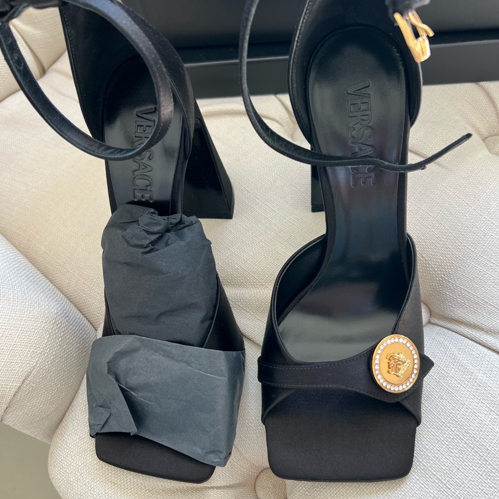 Versace Black Heels with Gold Medusa Accent
